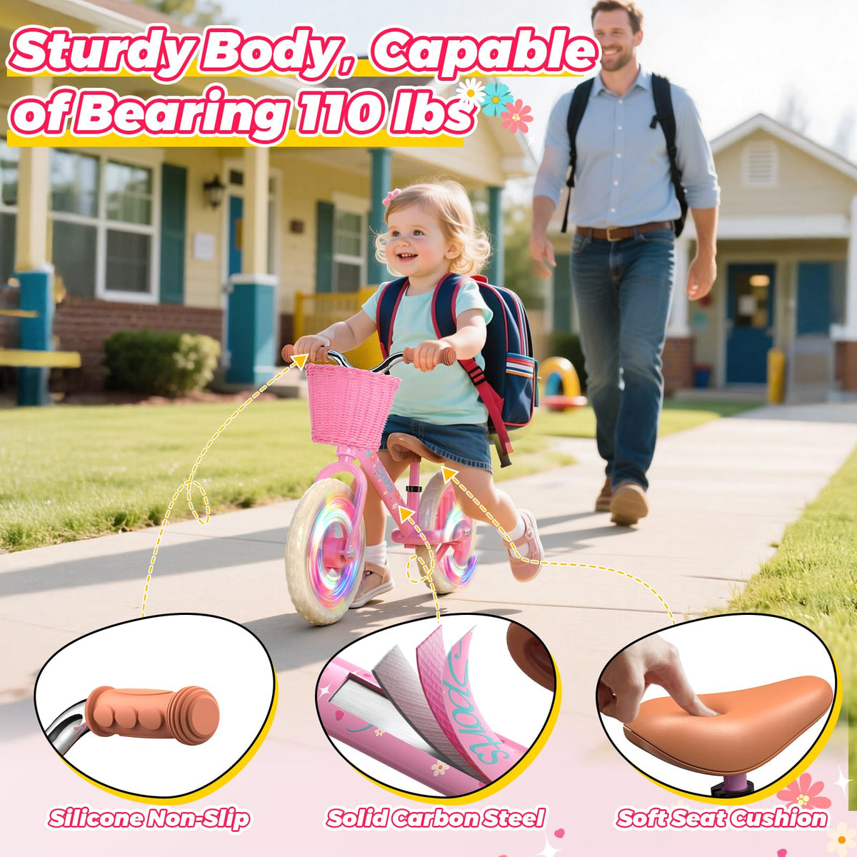 Toddler Balance Bike with Fender, Adjustable Seat/Handlebar, Flat-Free LED Tires I67523