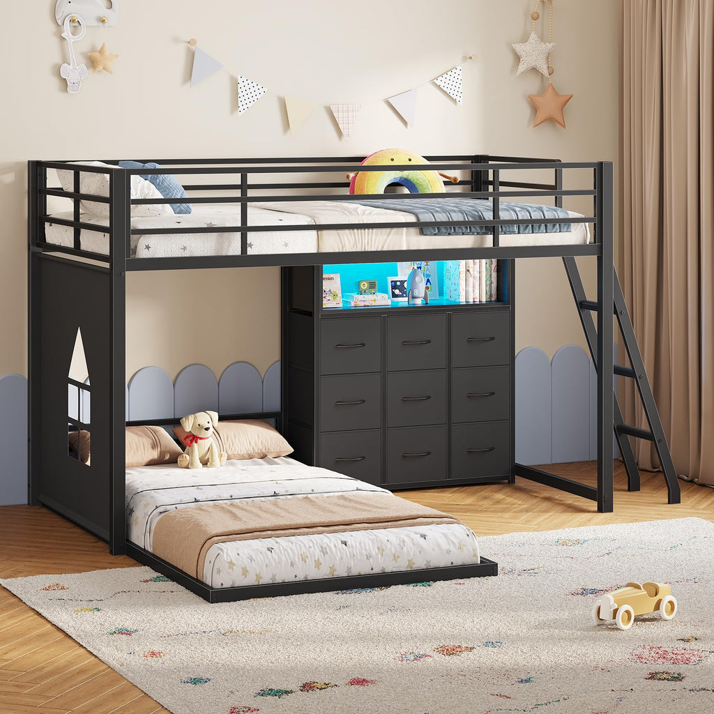 Twin Over Twin L-Shaped Bunk Bed with 9 Storage Drawers, LED Lights, Guardrail & Ladder, Black C5200