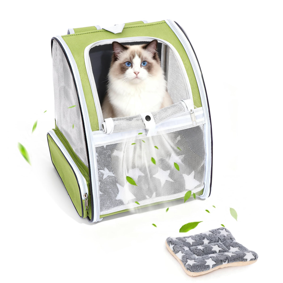 Cat Backpack Carrier with Washable Bed Mat Green L381