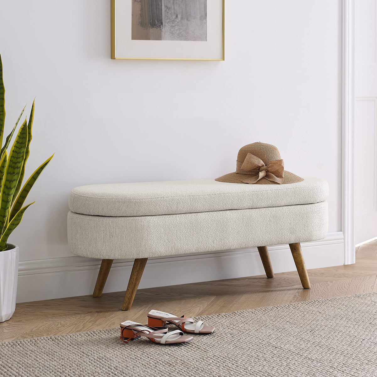 Beige Oval Storage Ottoman Bench with Rubber Wood Legs U7048