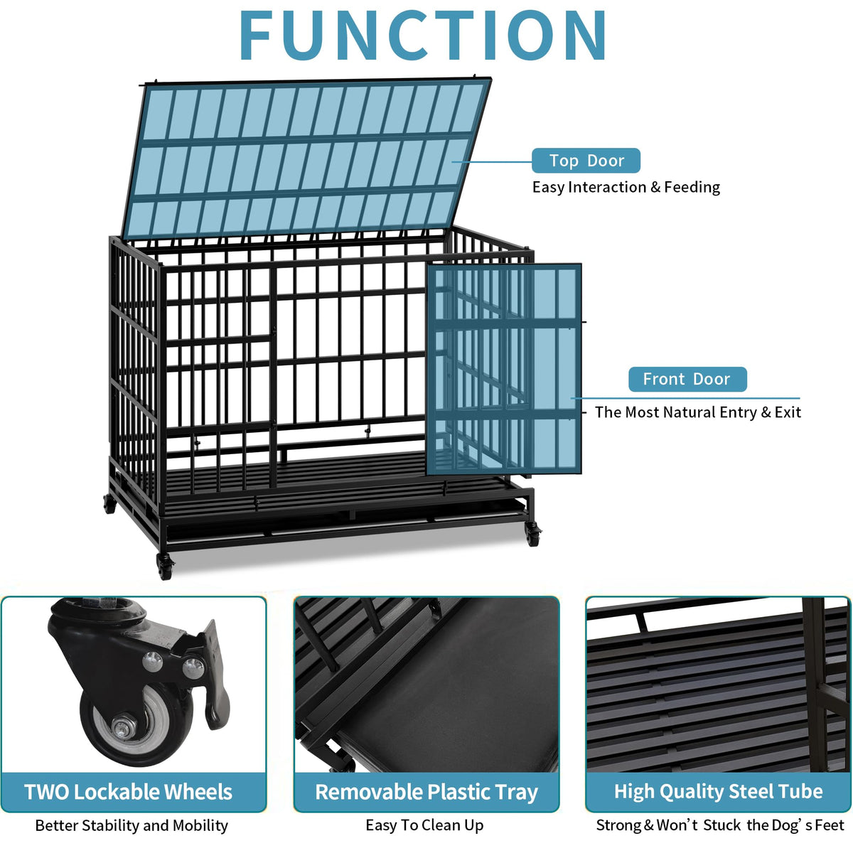 48" Metal Dog Crate with Tray & Wheels W219339