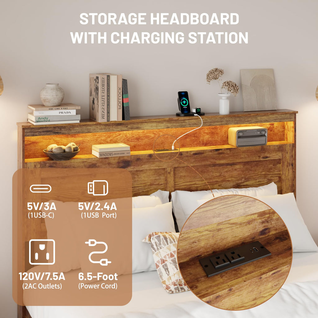 King Size Wooden Bed Frame with Storage Headboard G639