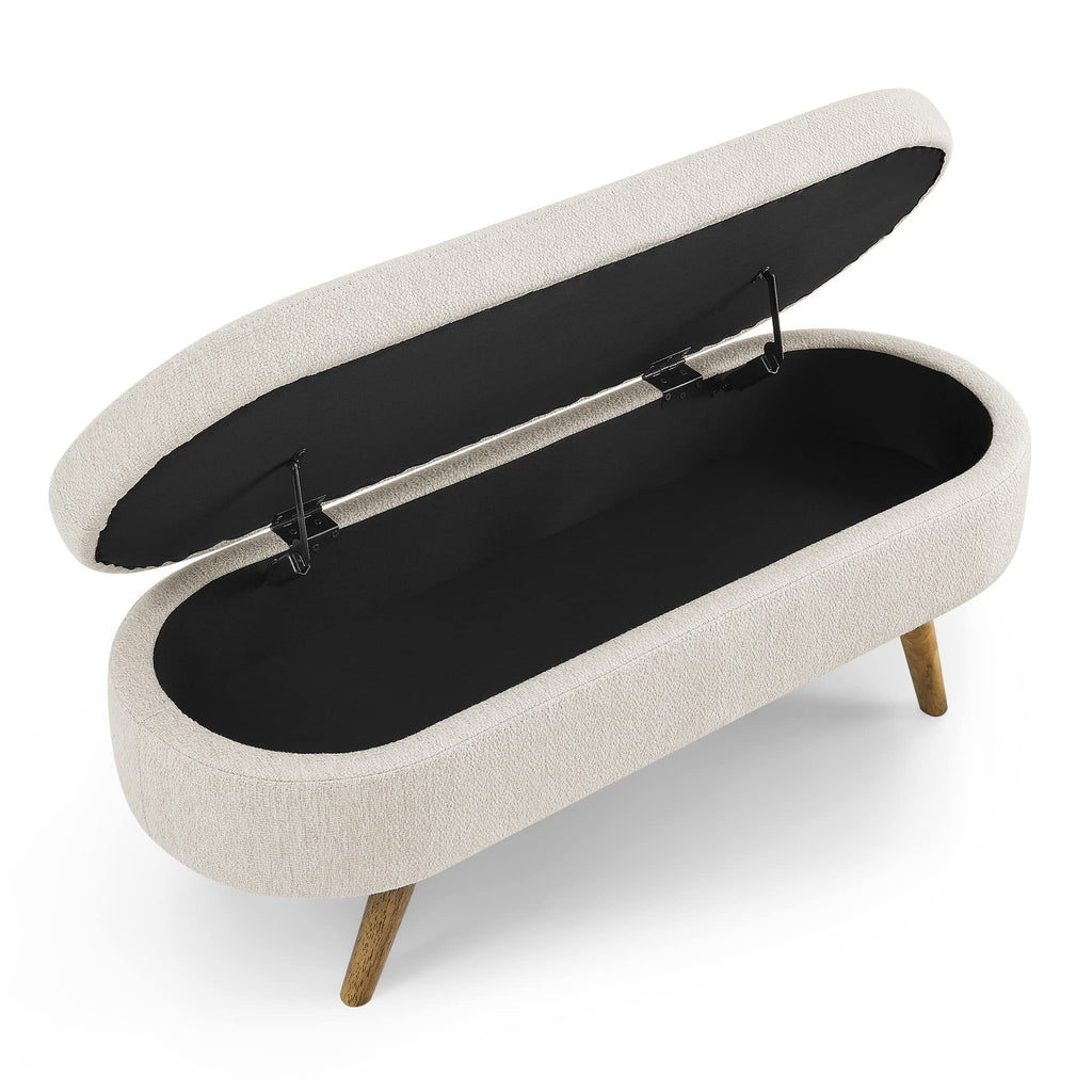 Beige Oval Storage Ottoman Bench with Rubber Wood Legs U7048