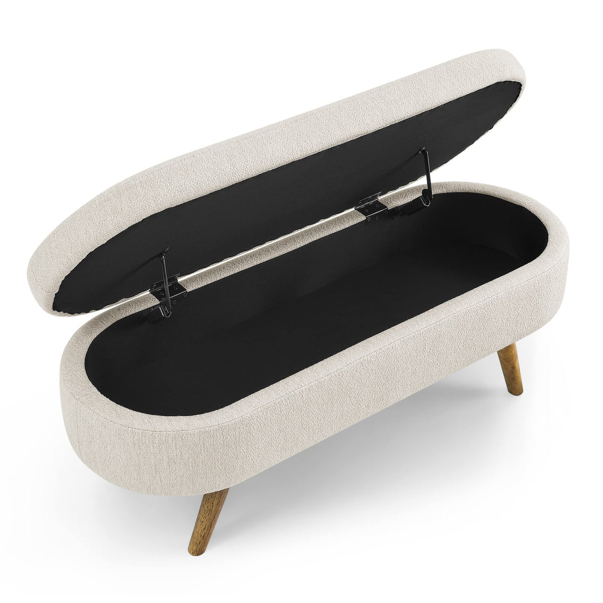 Beige Oval Storage Ottoman Bench with Rubber Wood Legs U7048