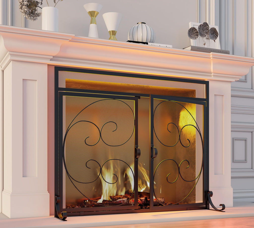 Wrought Iron Fireplace Screen with Magnetic Double Doors Black G1919