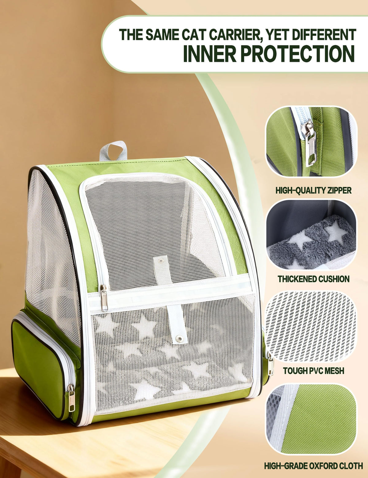 Cat Backpack Carrier with Washable Bed Mat Green L381