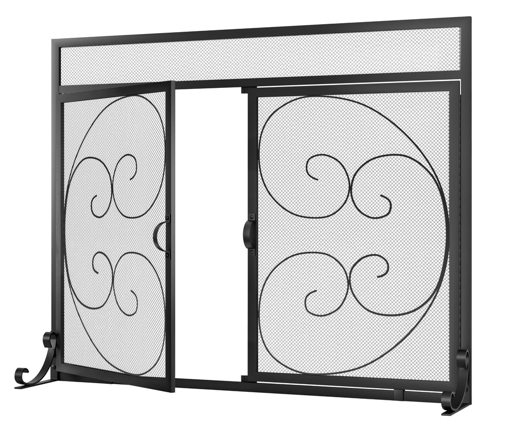 Wrought Iron Fireplace Screen with Magnetic Double Doors Black G1919