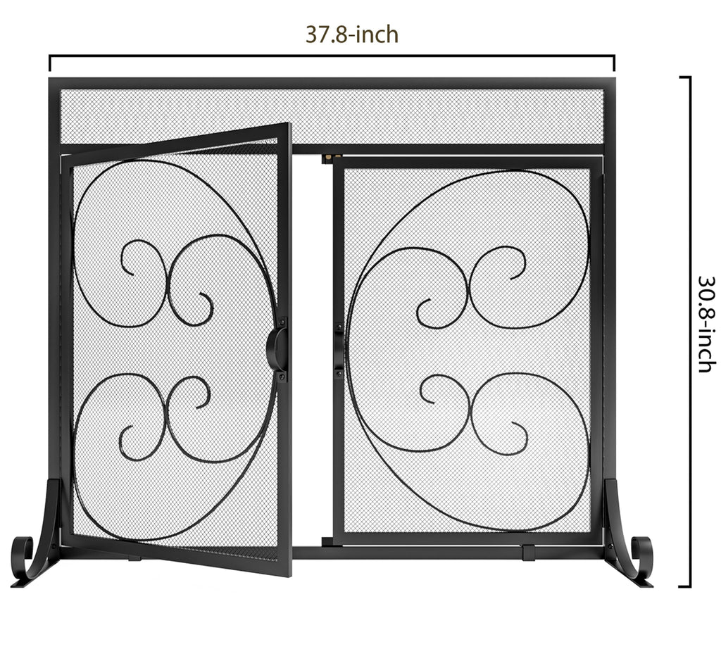 Flat Fireplace Screen with Hinged Doors Wrought Iron Mesh Black Z72211