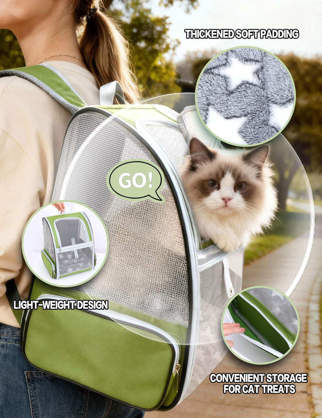 Cat Backpack Carrier with Washable Bed Mat Green L381