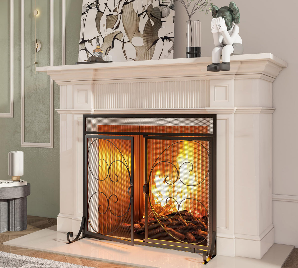 Flat Fireplace Screen with Hinged Doors Wrought Iron Mesh Black Z72211