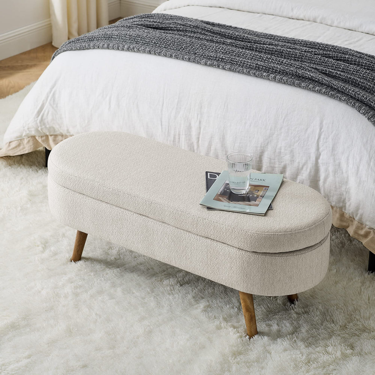 Beige Oval Storage Ottoman Bench with Rubber Wood Legs U7048