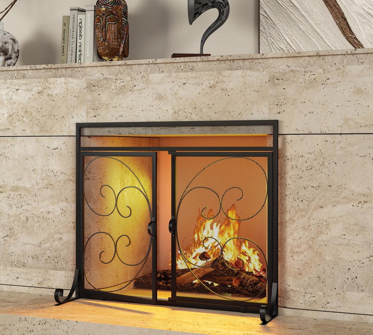 Flat Fireplace Screen with Hinged Doors Wrought Iron Mesh Black Z72211