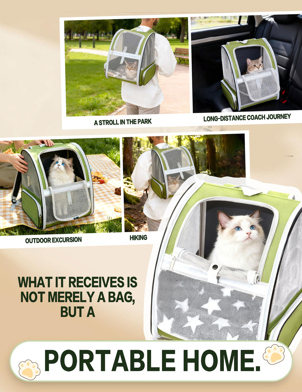 Cat Backpack Carrier with Washable Bed Mat Green L381