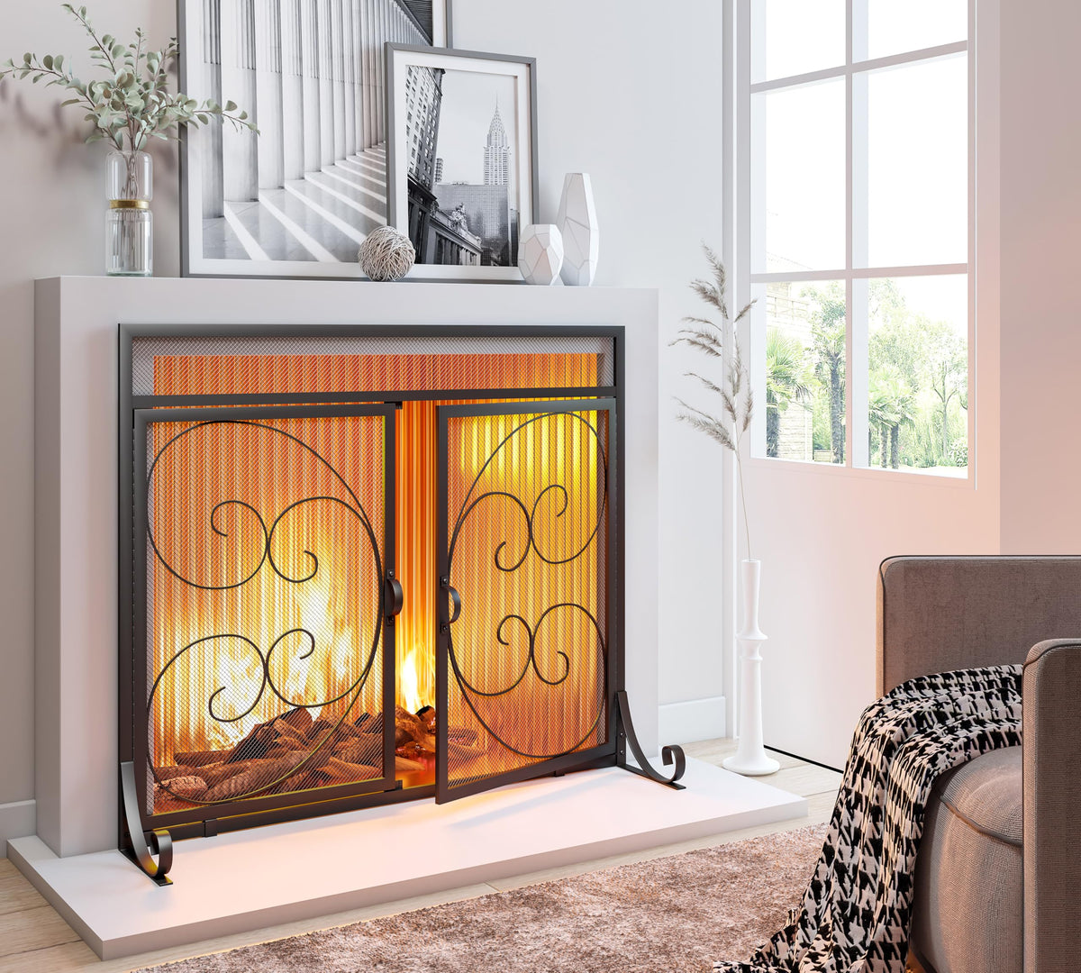 Flat Fireplace Screen with Hinged Doors Wrought Iron Mesh Black Z72211