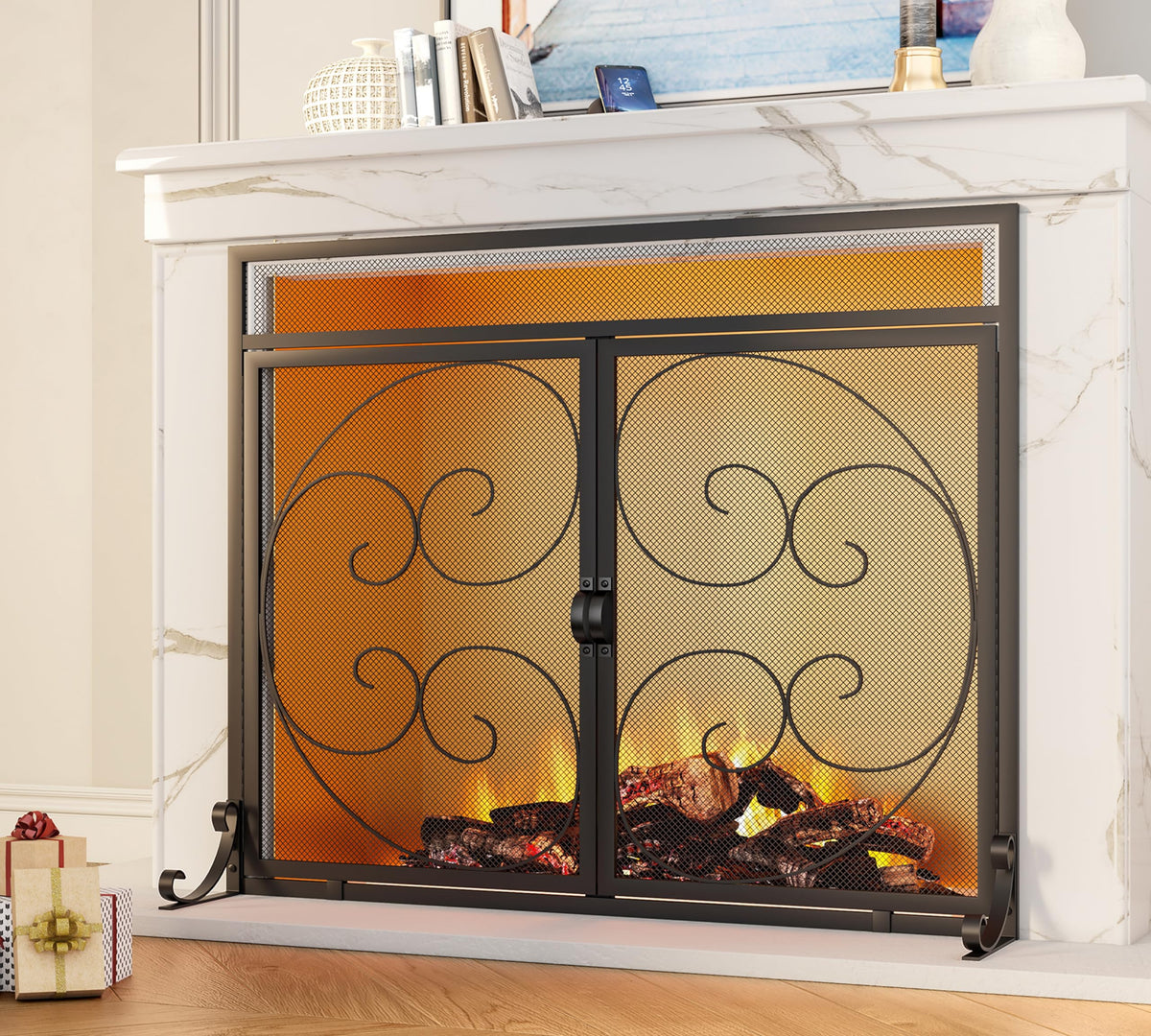 Wrought Iron Fireplace Screen with Magnetic Double Doors Black G1919