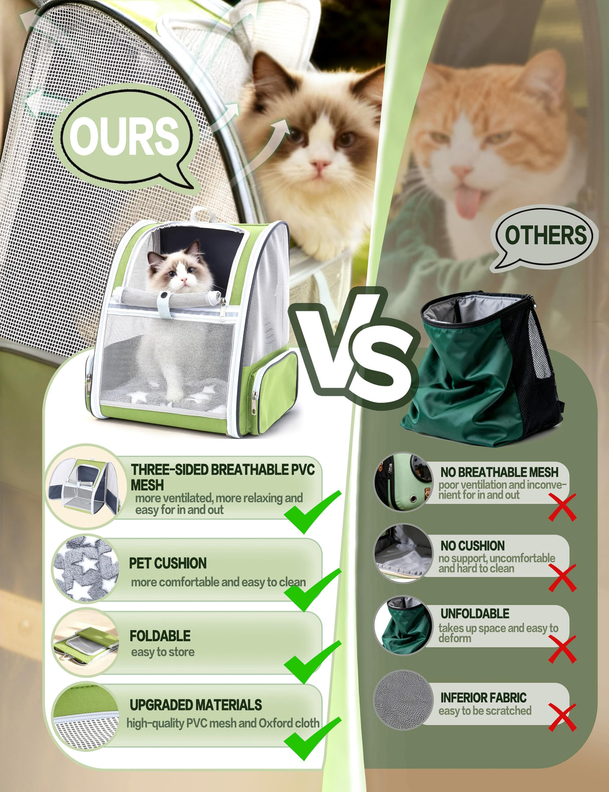 Cat Backpack Carrier with Washable Bed Mat Green L381