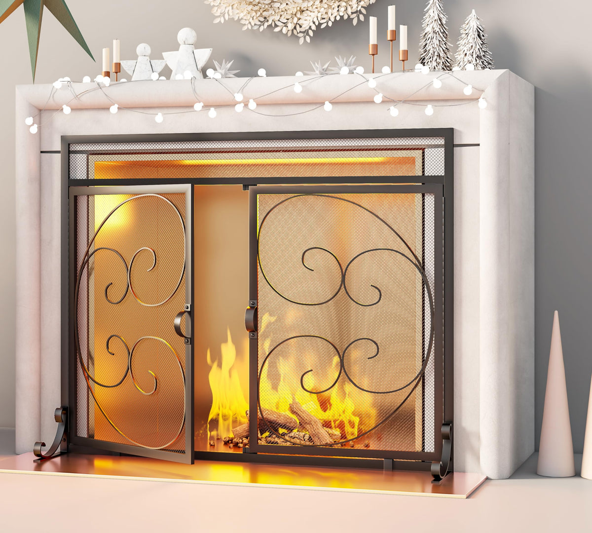 Wrought Iron Fireplace Screen with Magnetic Double Doors Black G1919