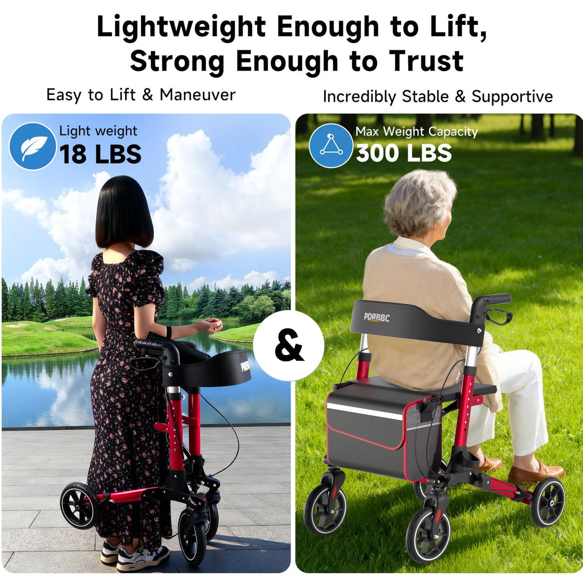 Red Foldable Lightweight Aluminum Rollator Walker with Seat and Brakes D4072