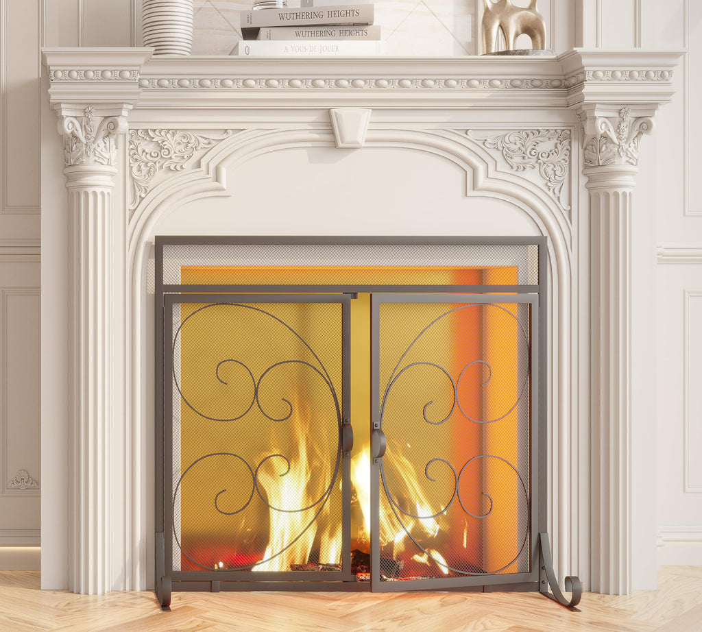 Flat Fireplace Screen with Hinged Doors Wrought Iron Mesh Black Z72211
