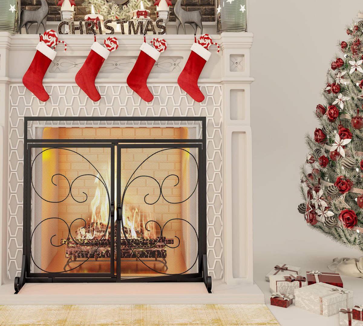 Flat Fireplace Screen with Hinged Doors Wrought Iron Mesh Black Z72211