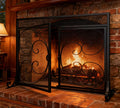 Flat Fireplace Screen with Hinged Doors Wrought Iron Mesh Black Z72211