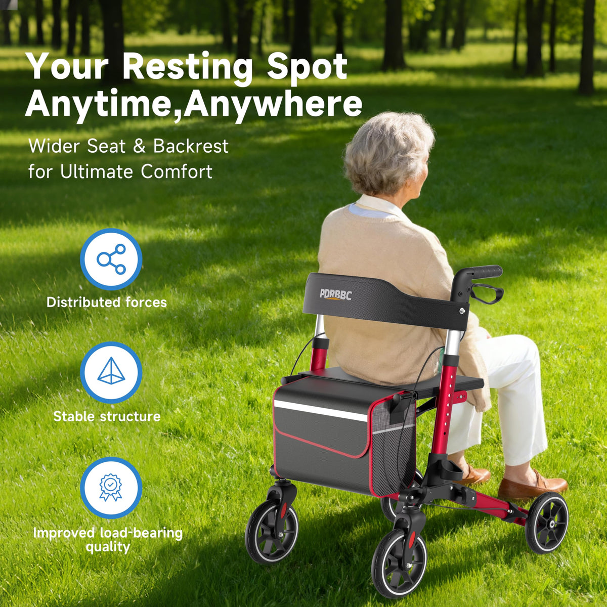 Red Foldable Lightweight Aluminum Rollator Walker with Seat and Brakes D4072
