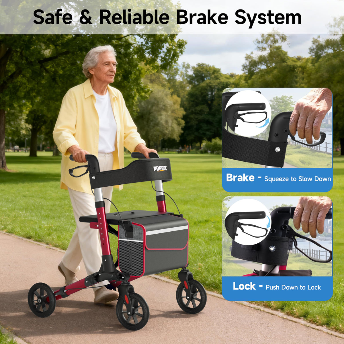 Red Foldable Lightweight Aluminum Rollator Walker with Seat and Brakes D4072