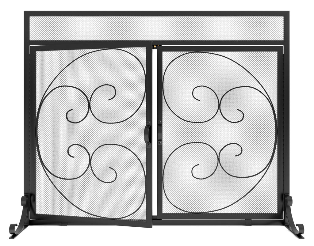 Wrought Iron Fireplace Screen with Magnetic Double Doors Black G1919