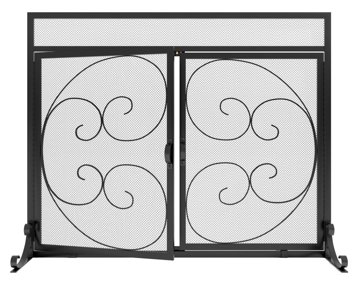 Wrought Iron Fireplace Screen with Magnetic Double Doors Black G1919