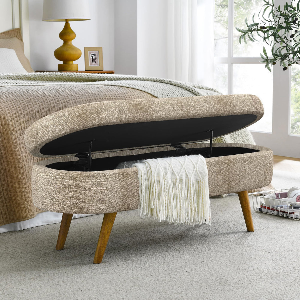 Oval Storage Bench with Rubber Wood Legs D82116