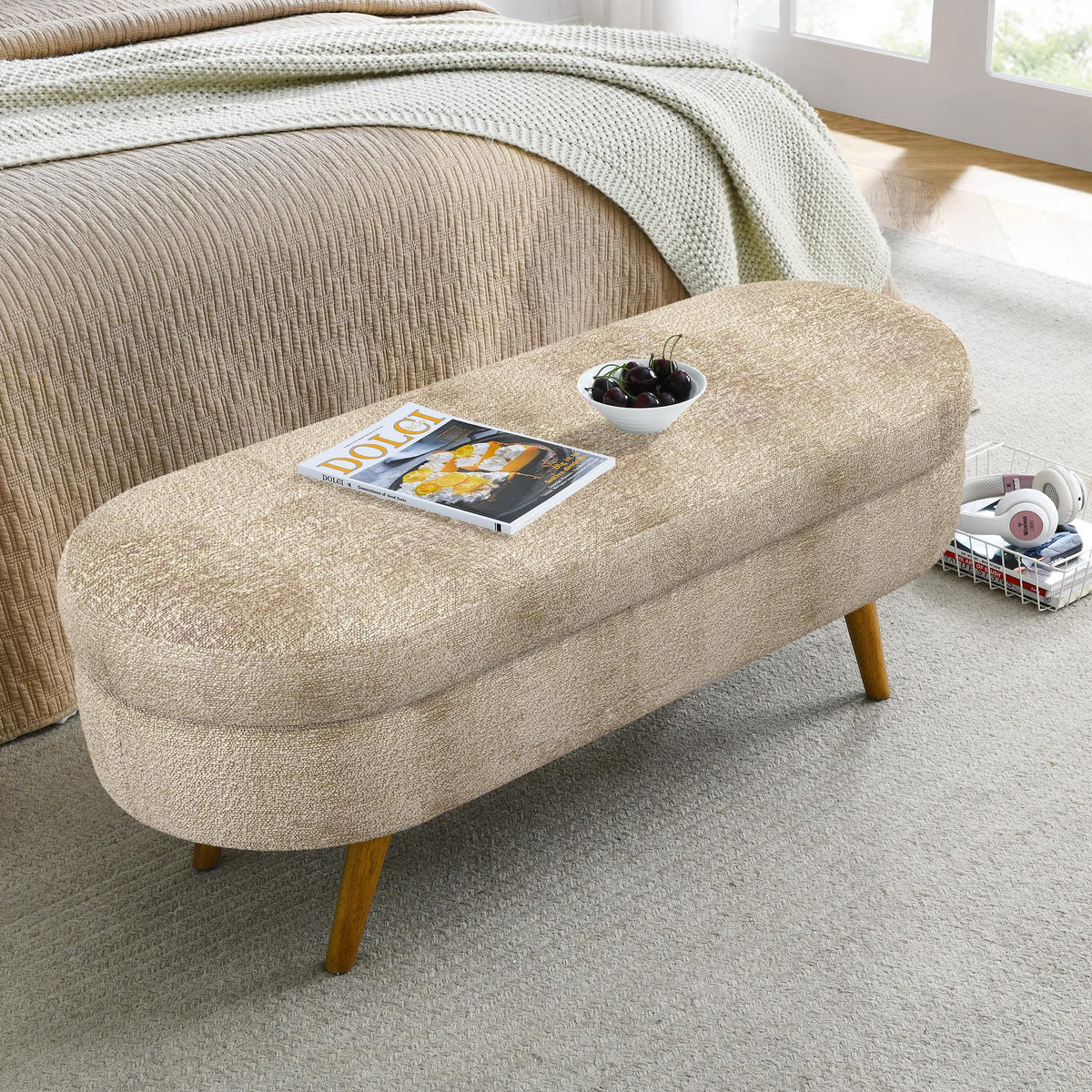 Oval Storage Bench with Rubber Wood Legs D82116