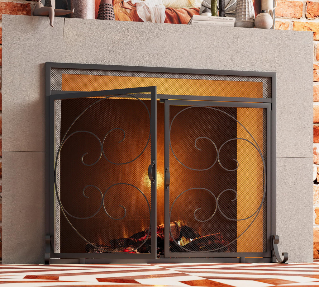 Wrought Iron Fireplace Screen with Magnetic Double Doors Black G1919